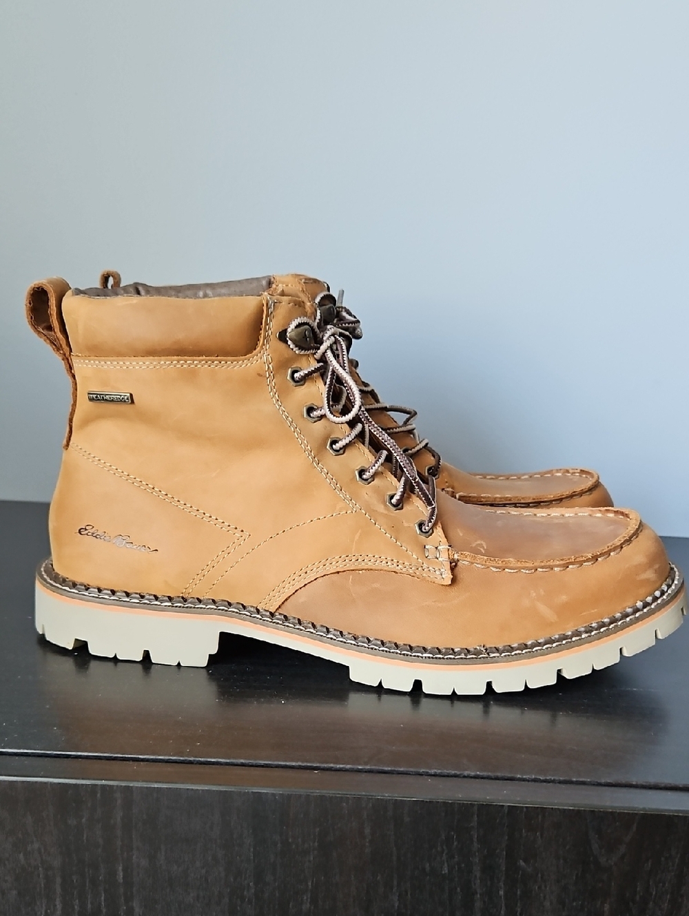 Eddie Bauer Men's Tan Leather Moc Toe Boots with Cream Outsole